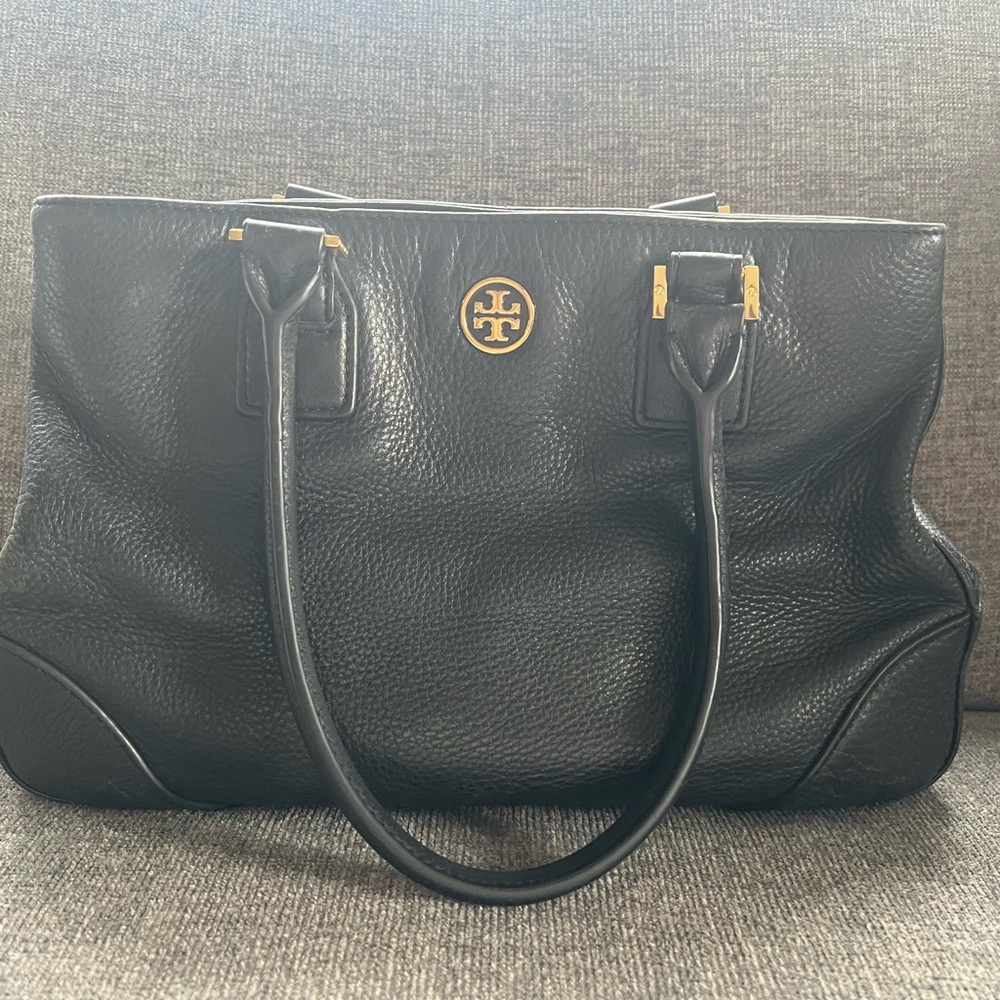 Tory Burch Black Pebbled Leather Satchel with Gold Logo